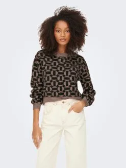 ONLY Fijngebreide Truien Trui Geo Dames Bruin -ONLY Elegant winkel 21da3c2cc290166a43e48f973e9289de