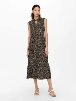 ONLY Midi Jurken Jurk Dames Beige / Zwart -ONLY Elegant winkel a2b67a686b583a531594fb19fe682cbb