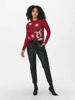 ONLY Fijngebreide Truien Trui Xmes Bell Dames Merlot -ONLY Elegant winkel e92e79f74449cb6295f658fe46ff79d4